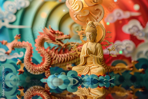 golden Buddha with colorful paper cut clouds and flowers and a dragon, nature background