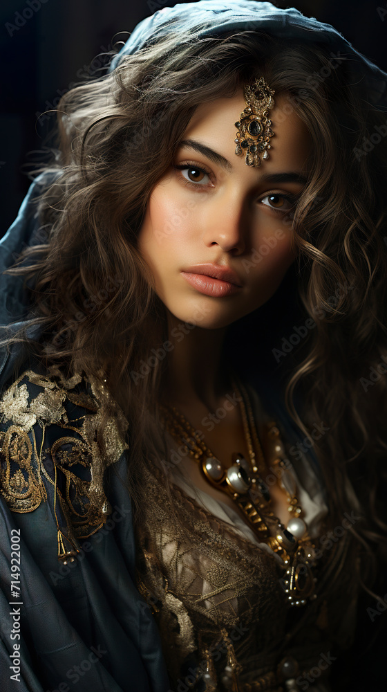 A portrait of a woman adorned with an elaborate golden headdress and jewelry.. A portrait of a woman adorned with an elaborate golden headdress and jewelry..