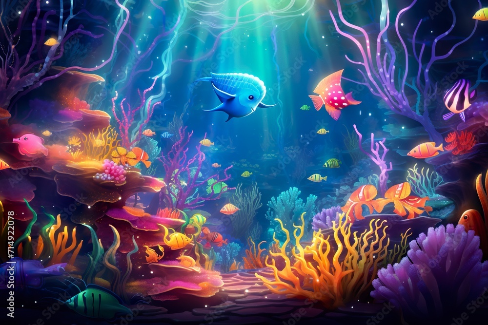 A serene underwater tableau, alive with varied fish amidst coral beauty. - obrazy, fototapety, plakaty 