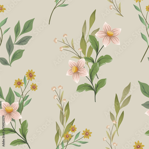 Seamless floral pattern  vintage flower print of wild plant. Beautiful botanical design for wallpaper  textile  etc.  large hand drawn flowers with stems  leaves in natural colors. Vector illustration