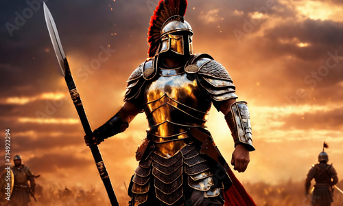 Roman male legionary, legionaries wear helmet with crest, long sword and scutum shield, heavy infantryman, realistic soldier of the army of the Roman Empire, on Rome background. Warrior Gladiator photo