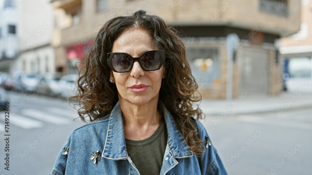 Middle-aged hispanic woman with curly hair wearing sunglasses and denim jacket standing on a city street. Middle-aged hispanic woman with curly hair wearing sunglasses and denim jacket standing on a city street.