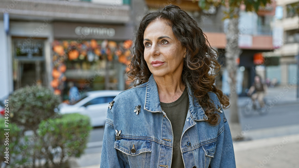 Fototapeta premium Mature hispanic woman with curly hair wearing a denim jacket strolls on a city street