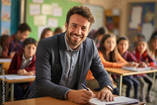 Engaged Male Teacher Enjoying His Work with Children in a Bright Classroom