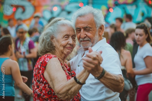 senior people dance on the street in fun festival pragma , happy retirement concept