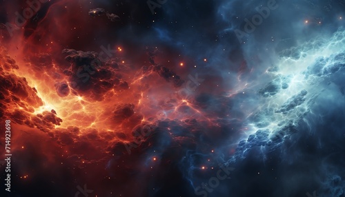 Dramatic cosmic scene with vibrant nebulae  contrasting warm and cool tones  depicting outer space.