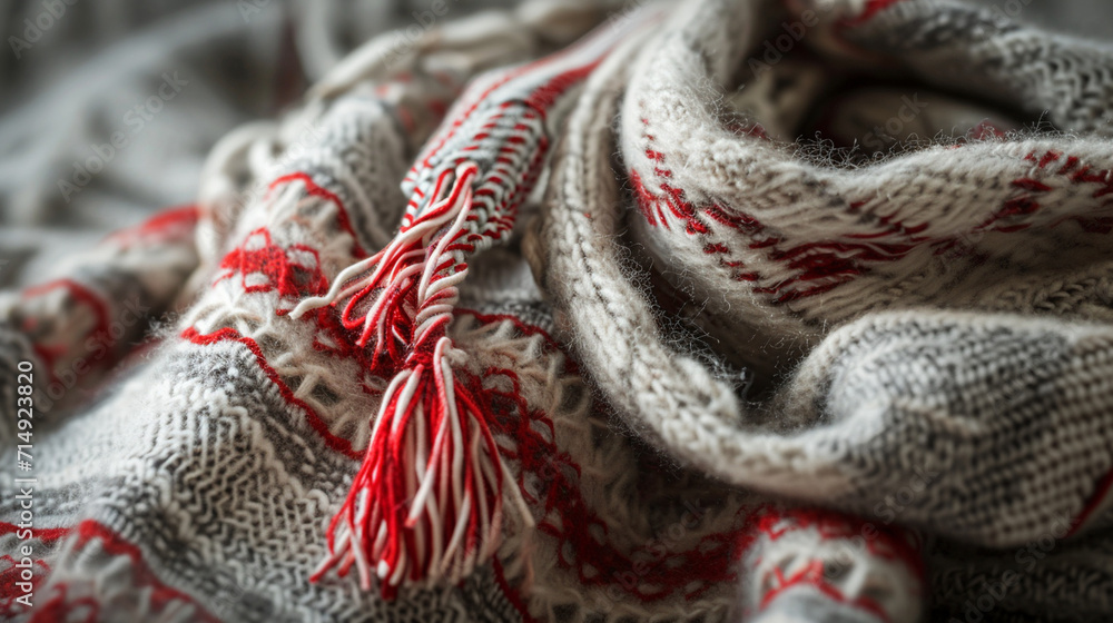 A close-up of a Martisor pinned to a cozy winter scarf, the red and white threads gently swaying in the breeze. The contrast against the fabric highlights the cultural significance