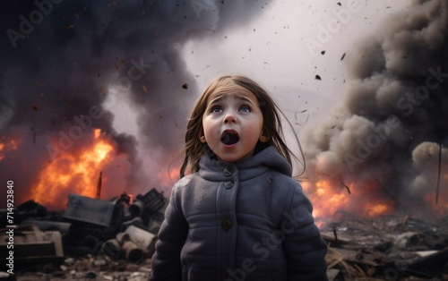 a little girl cries bitterly in the midst of explosions and destruction