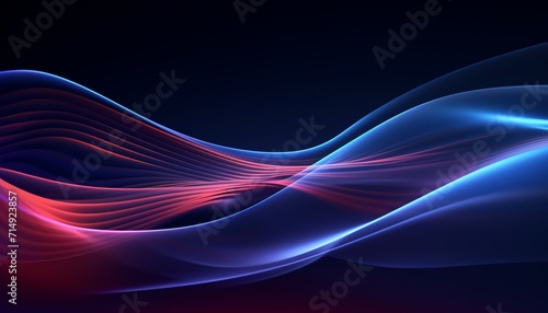 Abstract blue and red neon wave lines on a dark background. © BackVision Studio