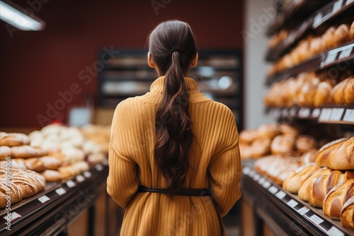 Rear view of young woman choosing bread in bakery. She is standing in front of shelves with bread.