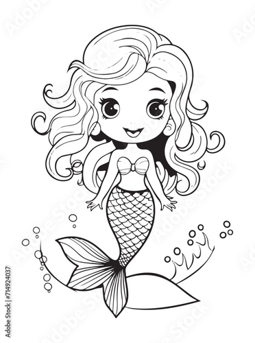 Happy little mermaid girl, vector doodle illustration. Coloring page for kids