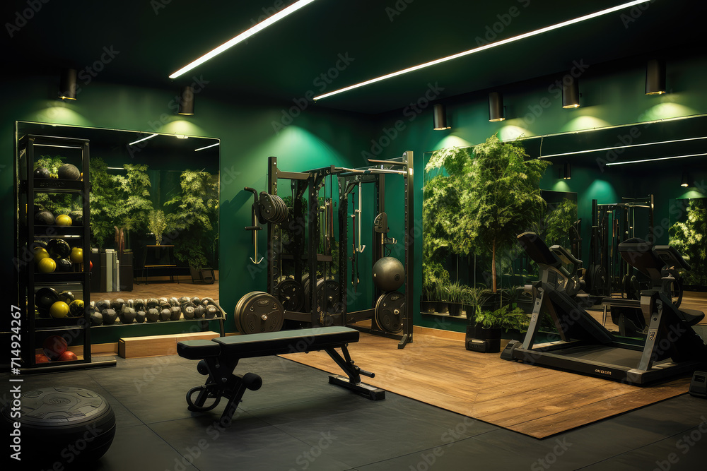 A gym room featuring diverse exercise tools, ideal for those into fitness and bodybuilding, highlighted by calming green walls and a modern feel.