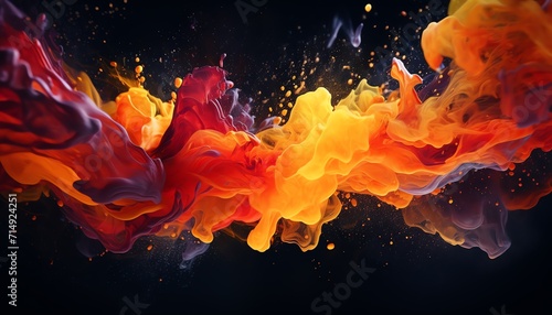 Vibrant explosion of orange and red paint splashes against a dark background, resembling a fiery burst of color in motion.
