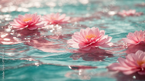 Pink Lilies on turquoise water. Water background. Spa and cosmetic concept background. banner
