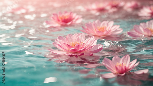 Pink Lilies on turquoise water. Water background. Spa and cosmetic concept background. banner