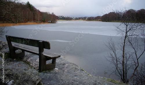 Frozen pond outside of Rogaland Norway before first snow. Green grass and frozen lake
