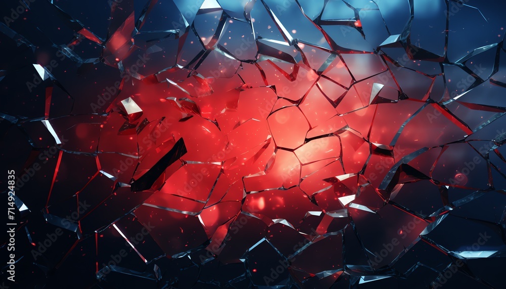 Abstract shattered glass with red and blue lighting, conveying concepts of breakage, disruption, or conflict. - obrazy, fototapety, plakaty 