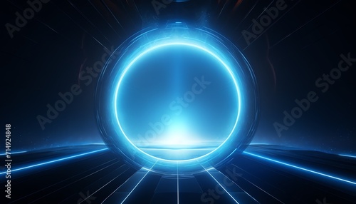 Futuristic blue neon portal with radiant light beams on a dark background, concept of virtual reality gateway.