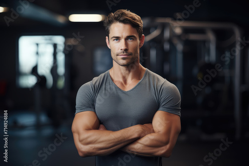 Featuring a fit and inspiring male model in a fitness studio, this image portrays the essence of empowerment and wellness, perfect for motivational themes.
