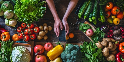A scenic view of skilled nutrition expert promoting a diverse array of wholesome produce while using a tablet, representing the idea of proper nourishment and well-being. photo