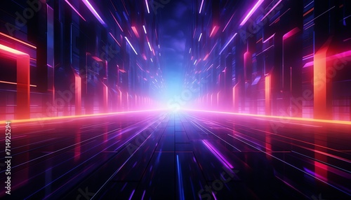 Futuristic neon tunnel with vibrant pink and blue lights leading to a bright white light at the end, conveying a sense of speed and technology.