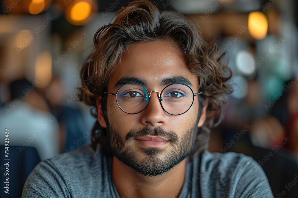 Portrait of a focused indian male programmer working at his desk with dual monitors in a cozy office environment.