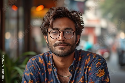Portrait of a young indian man with glasses smiling, wearing a patterned shirt, with a blurred city street background. photo