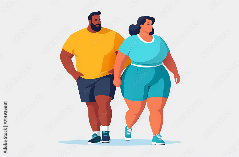 Cute chubby couple walking with holding their hands and looking at each other flat design image. Couple in romantic relationship. Happy Fat chubby chunky plus-size woman and man