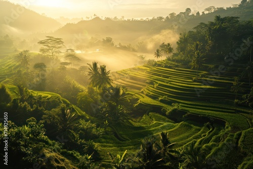 Misty morning light floods over terraced rice fields in Bali, with tropical palm trees.