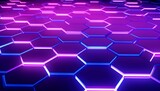 Abstract hexagonal pattern with neon blue and purple lighting.