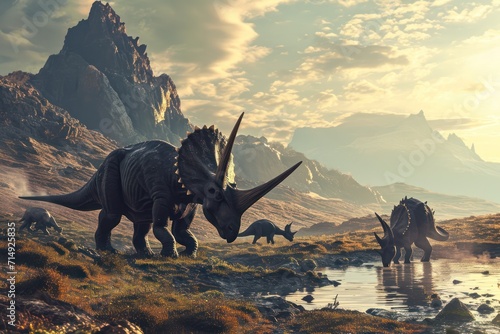 A majestic Triceratops family by a water stream in a mountainous landscape during golden hour. © olga_demina