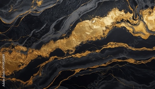 Abstract black and gold marble texture, fluid art painting background with luxurious swirls. © BackVision Studio