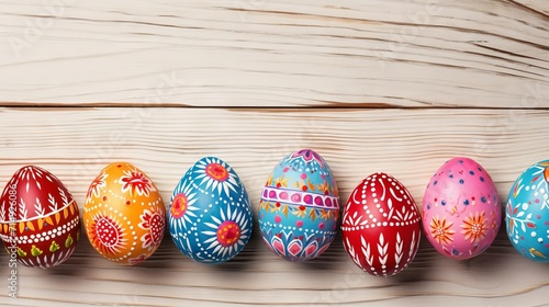 Easter eggs on light wooden background, top view