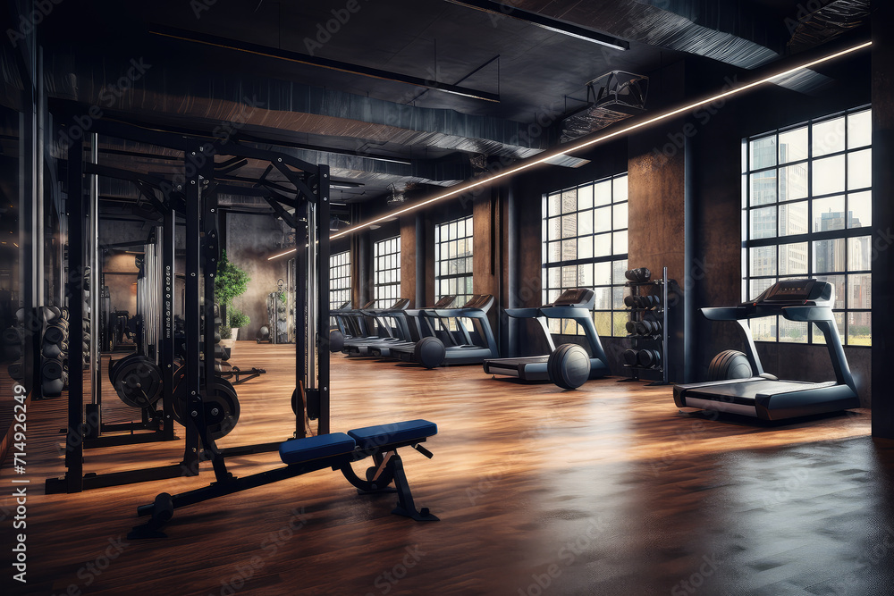 Explore a modern gym interior, showcasing a wide array of sport and fitness equipment designed for effective workouts and strength training in a luxurious setting. Explore a modern gym interior, showcasing a wide array of sport and fitness equipment designed for effective workouts and strength training in a luxurious setting.