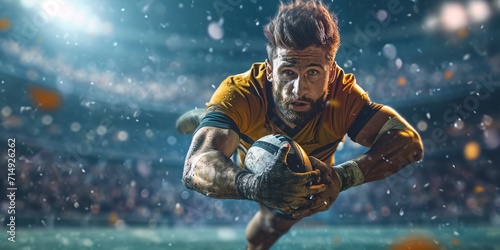 Elite athletics. Male rugby athletes in action  grabbing ball at 3D outdoor arena. Faint crowd in backdrop. Passion. Idea of competitive sports  movement  and tournament.