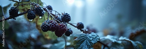 Droplets of water adorn ripe blackberries in a shadowy forest, illuminated by a soft light photo