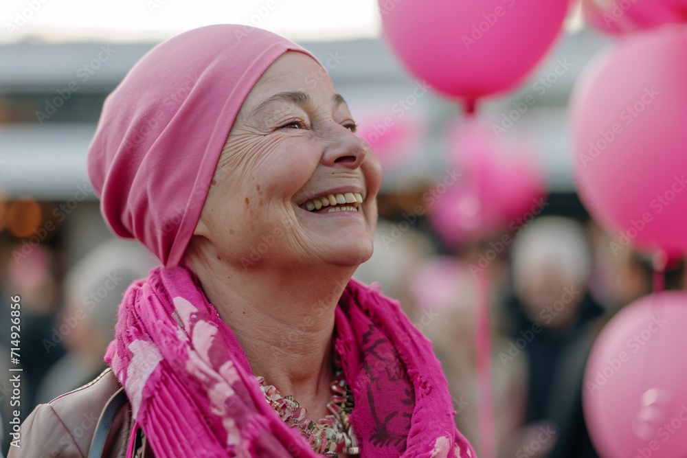 A woman with a pink headscarf smiling at the camera Generative AI A woman with a pink headscarf smiling at the camera Generative AI