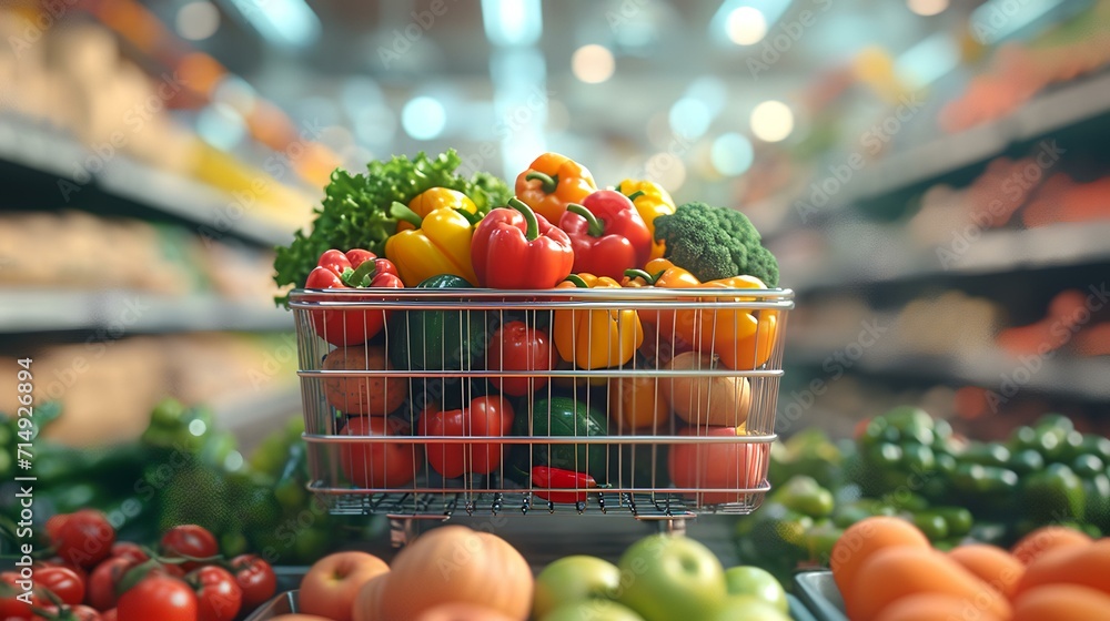 Shopping cart full of fresh vegetables in the supermarket. Supermarket background