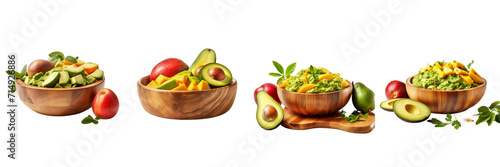 Set Of Guacamole in a wooden bowl with slices of peaches on A Transparent Background