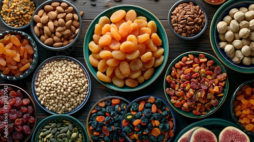 Mix of nuts and dried fruits in bowls on a wooden table, top view