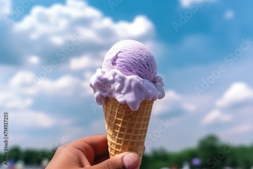 Ice cream cone with blue sky background, Sweet dessert vanilla chocolate ice-cream scoop