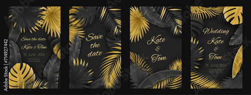 Tropical wedding invitations. Gold, black leaf, tropic jungles on birthday card, save the date, banana and monstera palms. Beautiful summer nature luxury background. Vector backgrounds set photo