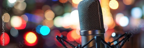 Close-up of a microphone with bokeh lights, setting scene for a festive podcast recording session