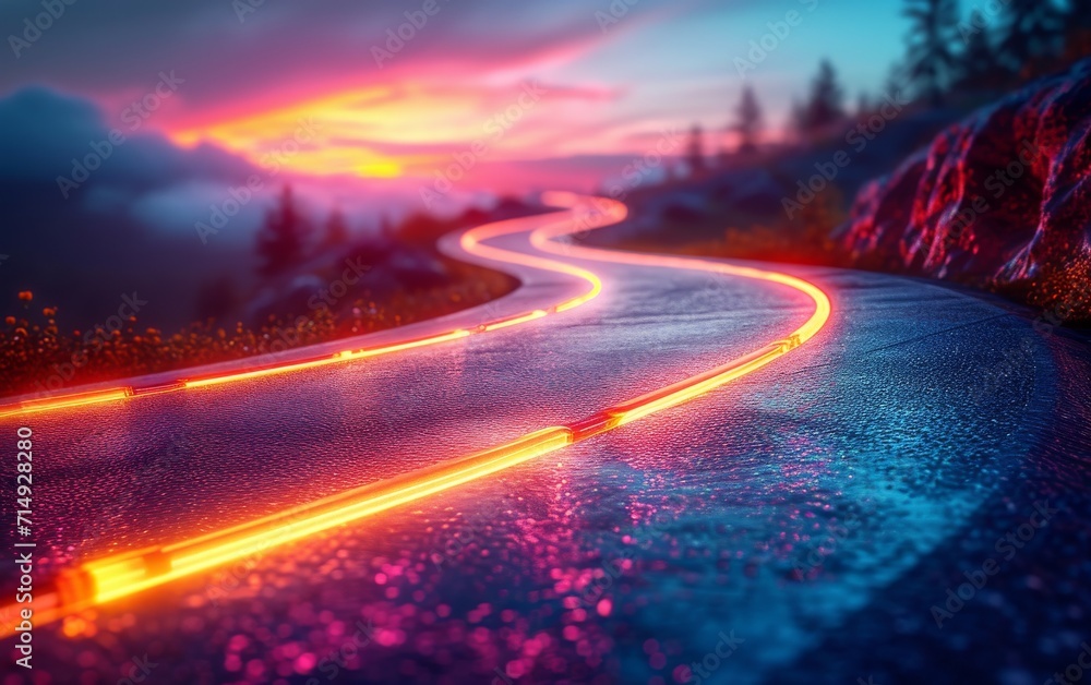 Abstract motion curvy urban road with neon light motion effect applied. Automobile background use concept.
