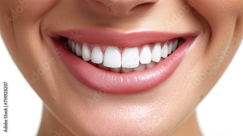 Close-up of a woman's smiling mouth, showcasing healthy teeth and red lipstick