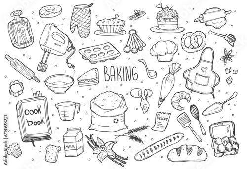 Baking doodles set. Bakery, confectionery and pastry stuff, tools, utensils, equipment and cooking ingredients. Freehand vector drawings isolated on white background