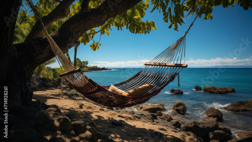 Secluded Seaside Hammock Retreat - Tropical Foliage, Ocean View, Serene Escape | Perfect for Travel, Outdoor Decor, Wellness, Summer Reading, Environmental Awareness - Ai Generated