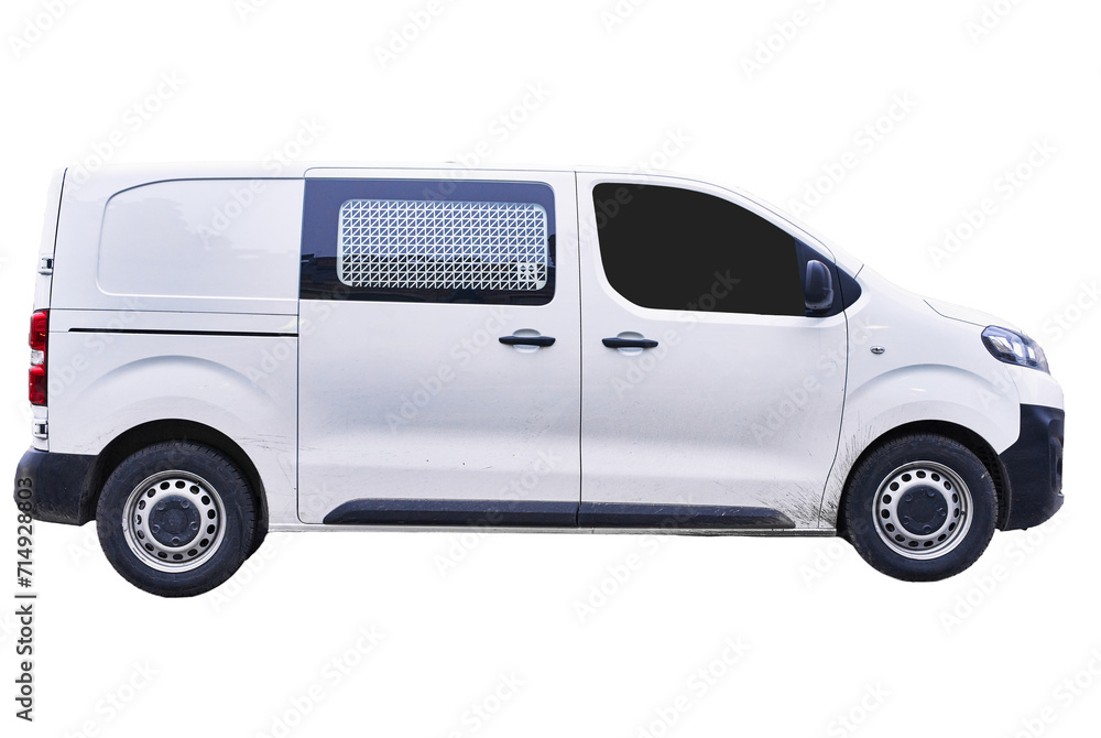 Side view of a white commercial van isolated on a white background, ready for business branding