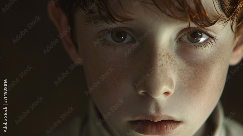 A young boy with red hair and freckles looking at the camera Generative AI A young boy with red hair and freckles looking at the camera Generative AI