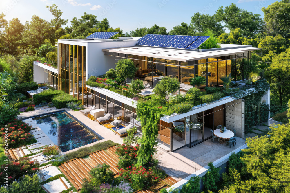 high view of a modern villa with solar panels, big flowers garden, and a pool